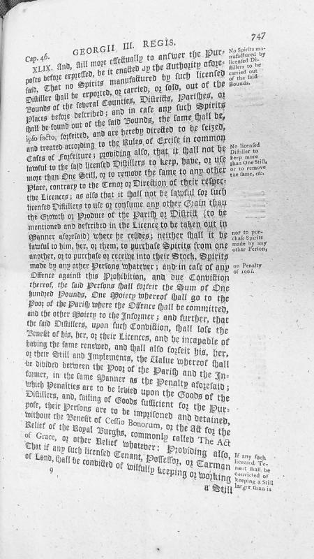 Cap. 46 XLIX: Regulations on licensed distillers and spirits manufacture under George III