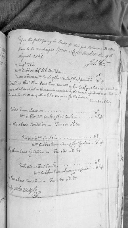 Bonds for good behaviour given at Castle Rushen, August 1765