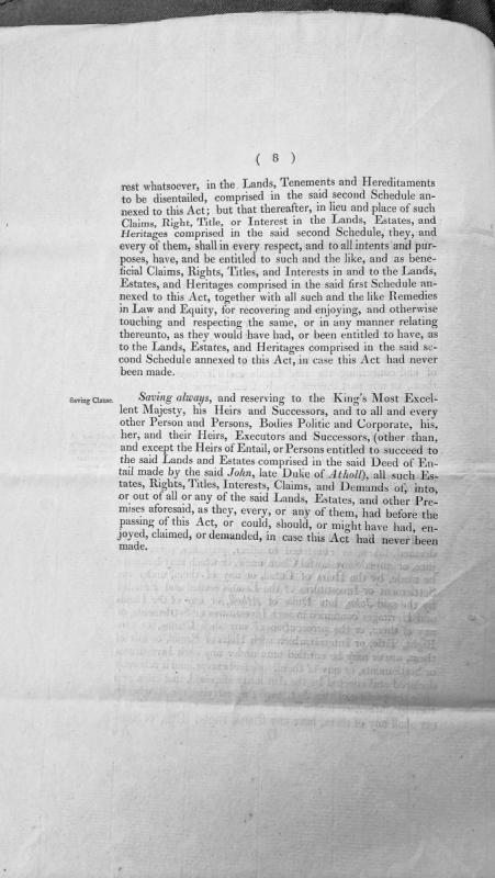 Act concerning disentailment of lands and estates with saving clause for the King