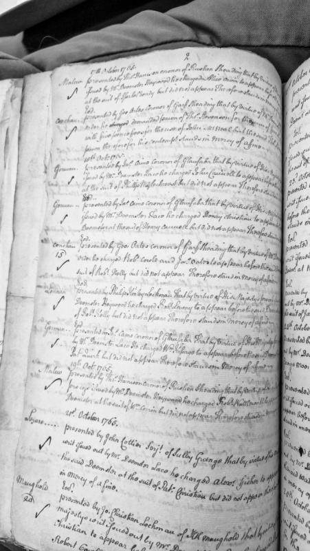 Court presentments of non-appearances and contempt cases, October 1765