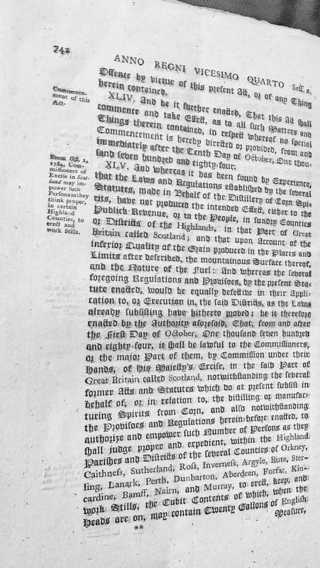 Act regulating distillery in Scottish Highlands, commencing October 1784